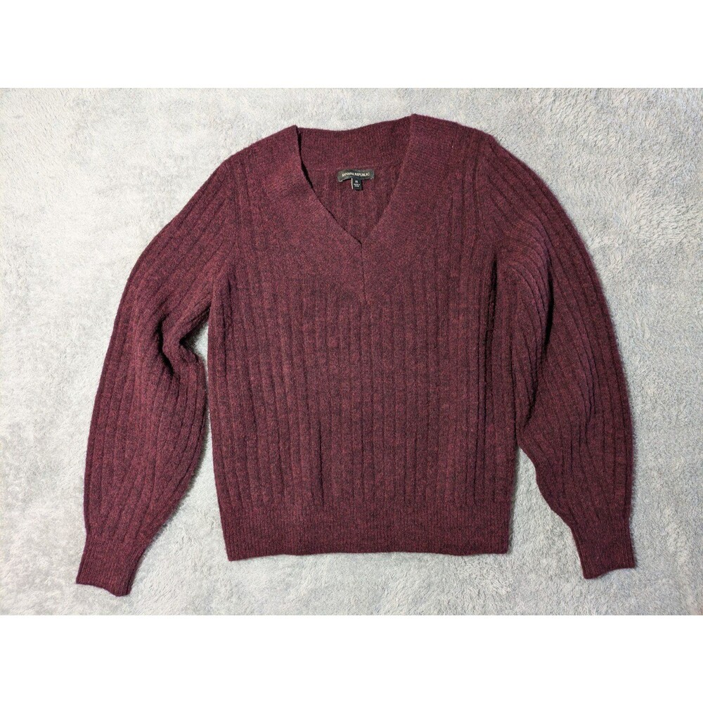 Banana Republic Maroon Wool Blend Ribbed V-Neck Sweater Size M Preppy Academia